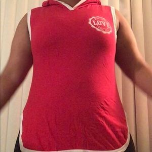 Red and white hooded shirt